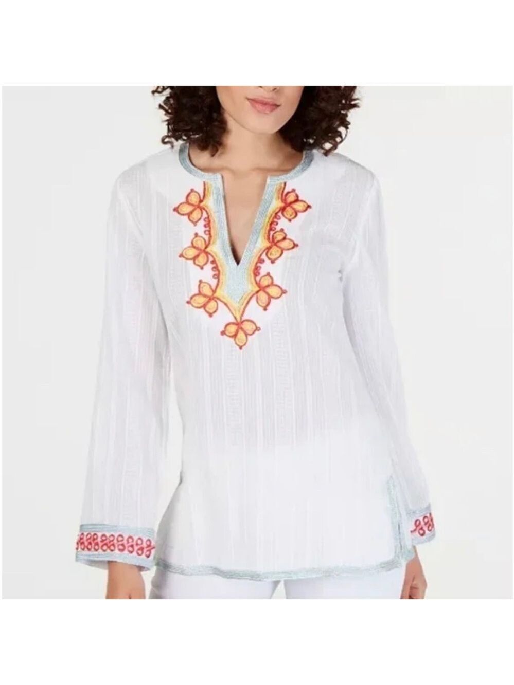 Trina Turk peacock embroidered gauzy pull over lightweight Beachy tunic xs